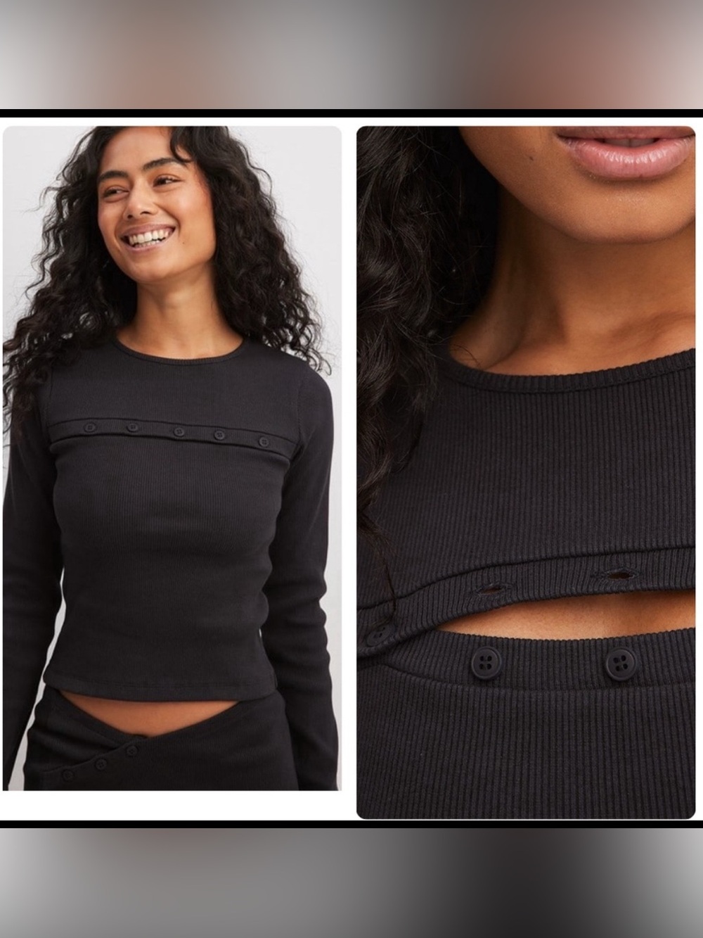 NA-KD Ribbed Material Button Detail Long Sleeve Cotton Top
